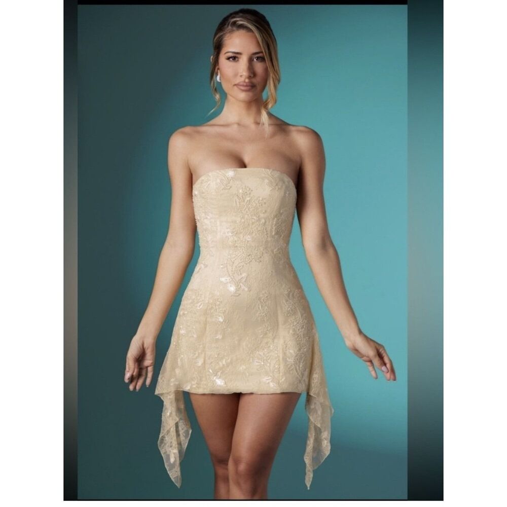 Oh Polly Strapless Embellished Lace Mini Dress in Ivory Champagne